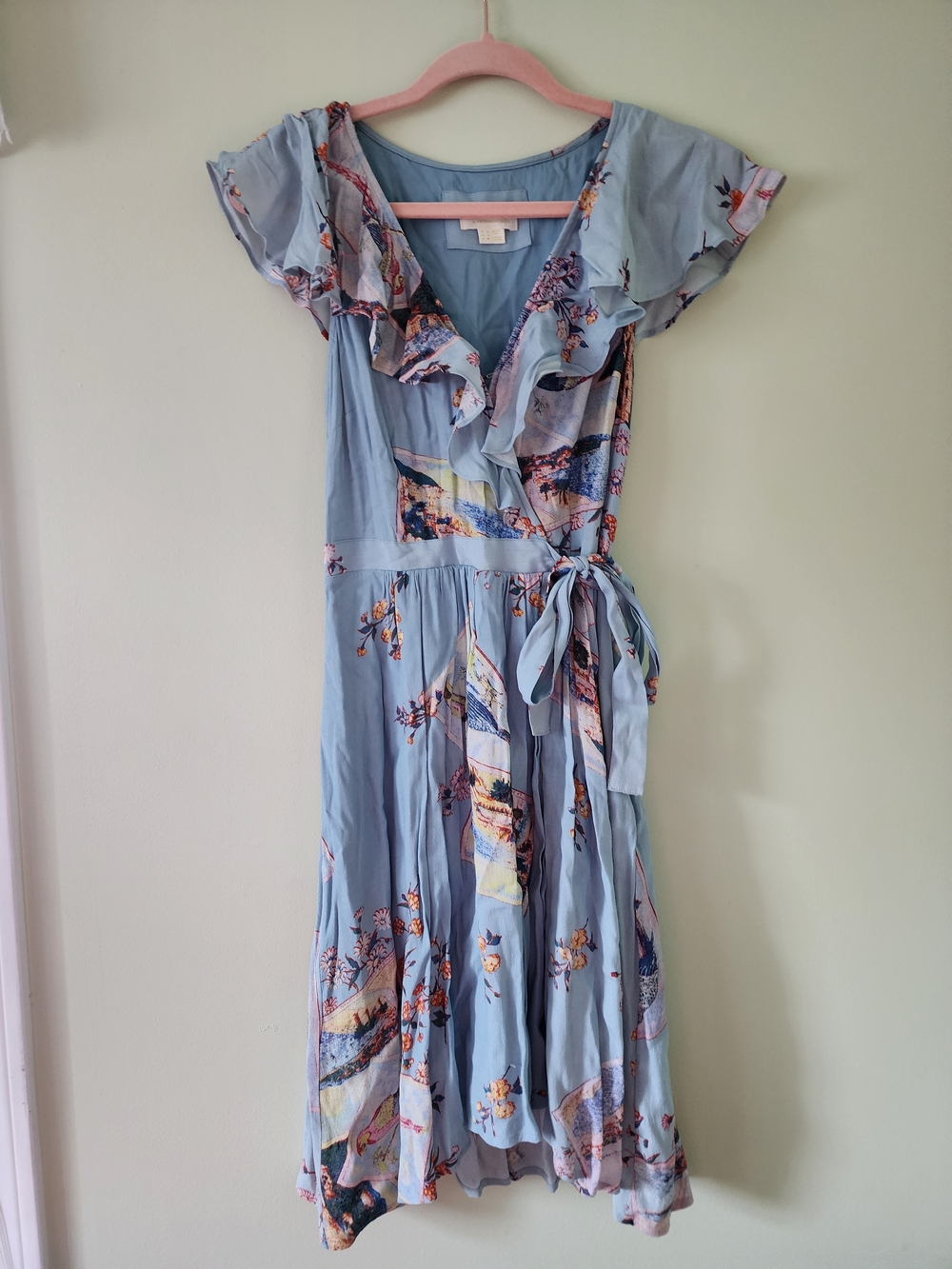 Maeve By Anthropologie Sky Blue Floral Wrap Midi Dress with Ruffle Trim